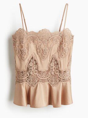 H&M EDITION - Lace-Inset Satin Strappy Top in Beige - Size M